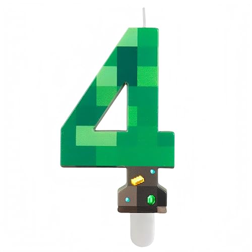 iNINGER Green Number 4 Candle, TNT Cake Toppers, Pixel Cake Candles for Birthday Celebration