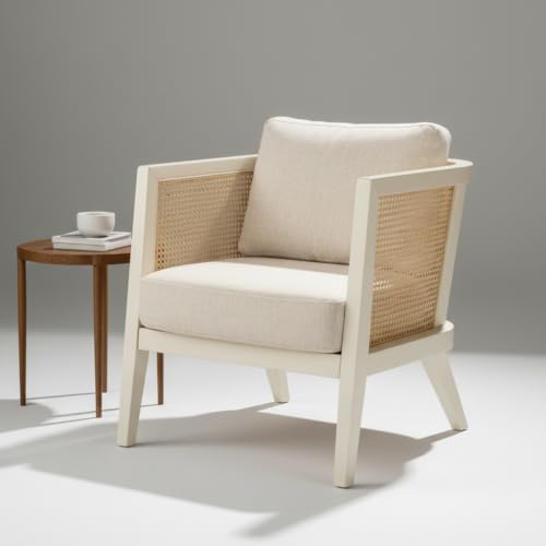 Image of APRODZ Solid Wood Accent Chair for Living Room Mid Century Modern Wooden Upholstered Armchair with Cushion Lounge Chair Cane Back Wooden Frame for Living Room Bedroom Office Seating (White)