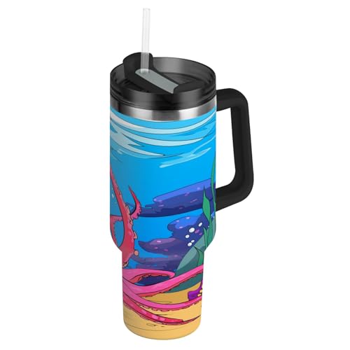 Wzzzsun Alga Rosa Lindo Pulpo Botella de Agua Deportes con Pajita, Botellas Termica Acero Inoxidable Sin BPA para Niños Deportiva Gimnasio Ciclismo Escuela