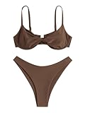 ZAFUL Women's Twist Front Bikini Sets Underwire Tie Back Bikini High Waisted Two Piece Swimsuit (1-Coffee, S)