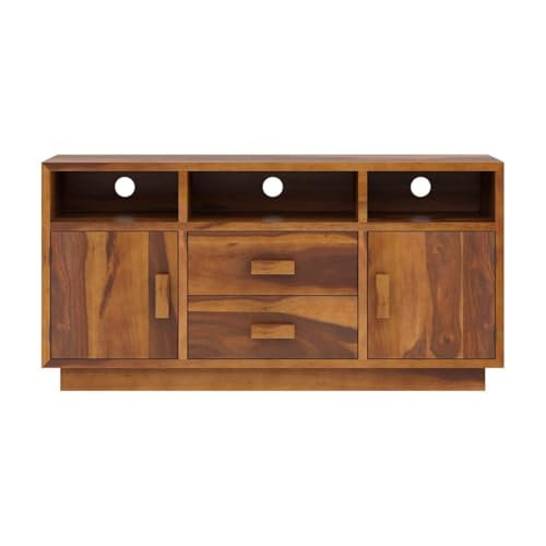 Image of Solid Wood TV Unit for Living Room 55 Inch Furniture - Wooden TV Unit with Storage Cabinet with 2 Drawr, 7 Shelves Wooden TV Cabinet for Living Room - Fits up to 55-Inch TV (Barrett)