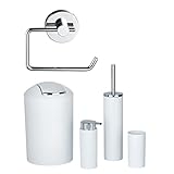 WENKO 4-teiliges Badezimmer Zubehör Set Calvo in Weiß/Chrom aus Kunststoff + Vacuum-Loc® Toilettenpapierhalter Milazzo ohne Bohren in Silber aus verchromtem Metall