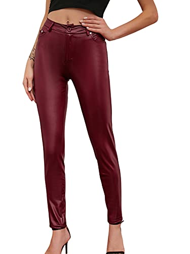 Geagodelia Medias Unidas Mujer Pantalones Cuero Pantalones De Talle Alto Cerca del Cuerpo con Bolsillos, rojo intenso, XL Cover