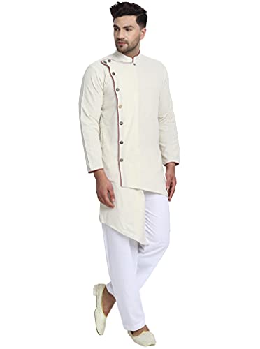 SKAVIJ Men's Cotton Solid Kurta Pyjama Angrakha 2-Piece Ethnic Casual Dress4