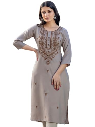 Sanisa Women's Cotton Blend Chikankari Embroidery Straight Kurti (481K10059N-L_Beige)