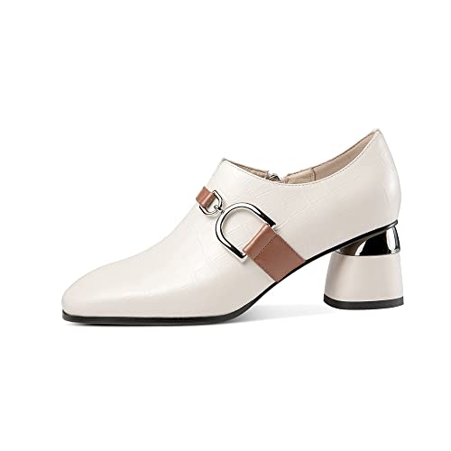 TinaCus Women's Round Toe Genuine Leather Handmade Buckle Belt Side Zip Up Chunky Heels Stylish Pumps Shoes2