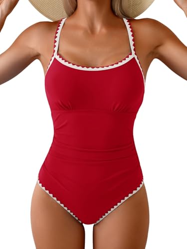 Image of Eomenie Women's One Piece Swimsuit Tummy Control Slimming Bathing Suit Ruched Swimwear Tie Back Shell Stitch Swim Suit