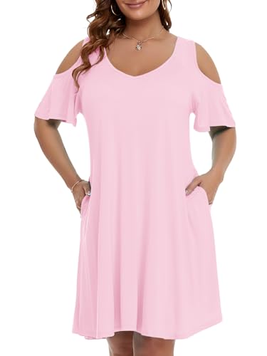 Image of JollieLovin Womens Plus Size Short Sleeve Cold Shoulder V Neck T-Shirt Dress with Pockets