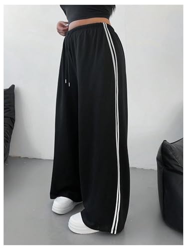 GORGLITTER Women's Plus Size Wide Leg Striped Baggy Track Pants Drawstring High Waist Sweatpants2
