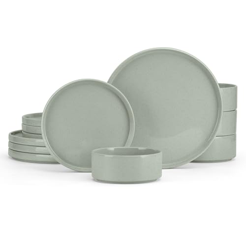 E-far Stoneware Dinnerware Sets, 12-Piece Plates and Bowls Set for 4, Green - image 1