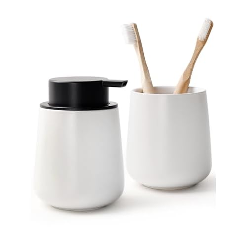 Bosilunlife Soap and Toothbrush Holder Set - Ceramic Bathroom Accessories Set White Foaming Hand Soap Dispenser Set Bathroom Counter Toothbrush Holder and Soap Dispenser Set White-foaming
