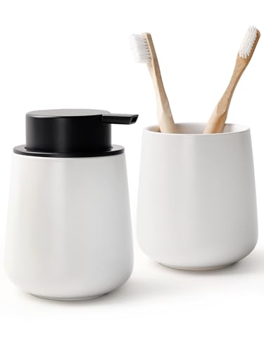 Image of Bosilunlife Soap and Toothbrush Holder Set - Ceramic Bathroom Accessories Set White Foaming Hand Soap Dispenser Set Bathroom Counter Toothbrush Holder and Soap Dispenser Set