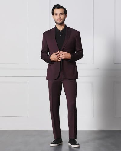 Image of Blackberrys Men Polyester Solid Slim Burgundy Peak Suit