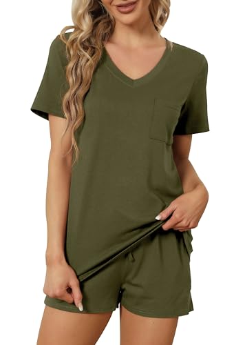 Image of RUBZOOF Women's Short Sleeve Pajama Sets with Pockets Casual V Neck 2 Piece Lounge Sets S-3XL