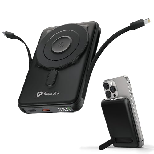 Image of UltraProlink 10000mAh 3 in 1 Wireless Magnetic Mag-Safe Power Bank| Mag-Safe Charging for iPhone Series 16,15,14,13 | UM1126 | Dual Cables Type C & iPhone | 22.5W Type C Port with PD-PPS Support