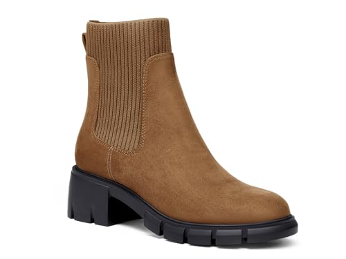 Image of Ruanyu Womens Platform Ankle Boots Elastic Chunky Block Heel Chelsea Booties Lug Sole Non-Slip Combat Shoes