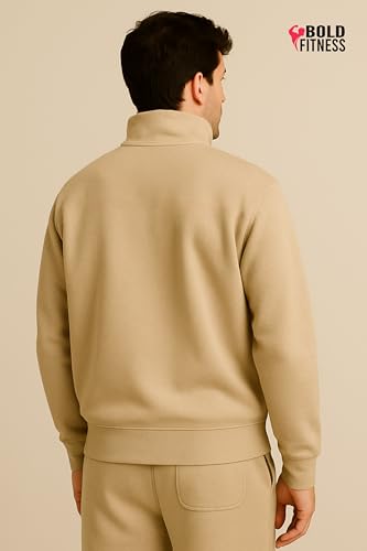 Men’s Quarter-Zip Fleece Sweatshirt Classic Casual Style, High Neck Design Stylish, Breathable, Pullover Full Sleeve Winter Wear (in, Alpha, 2XL, Beige)