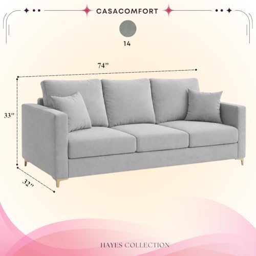 Image of Hayes Rich Velvet Suede 3 Seater Sofa | Golden Aesthetic Legs | Spacious Soft Touch Comfort Seating | Modern Luxe Sofa for Living Room (Light Gray)