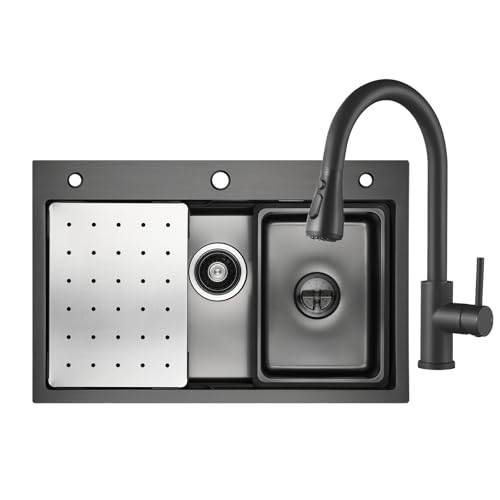 CECIPA Fregadero de cocina negro 70 x 45 cm con grifo extensible, acero inoxidable, incluye dispensador de jabón y sifón, incluye fregadero interior de repuesto y tabla de cortar, color negro