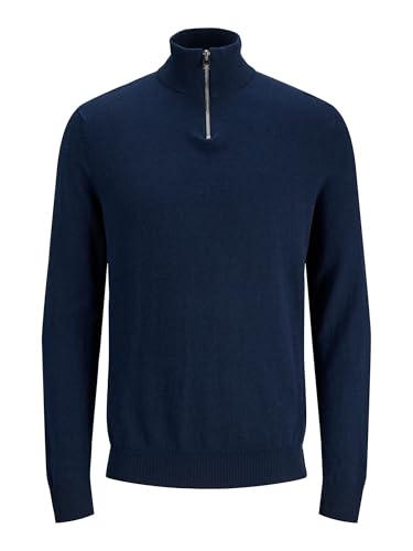 JACK & JONES Cárdigan Masculino con Cremallera de Cuarto de Color Liso Chaqueta de Punto con Cremallera de Cuarto, Azul Marino, XL