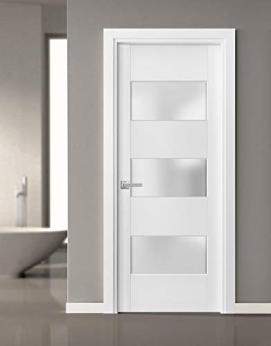Solid French Door Frosted Glass 3 Lites 24 X 80 Inches | Lucia 4070 White Silk | Single Regular Panel Frame Trims Handle | Bathroom Bedroom Sturdy Doors #TOP1