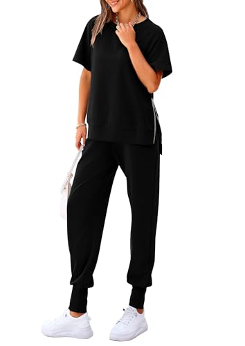 PRETTYGARDEN Women's Summer 2 Piece Outfit Tracksuits Casual Short Sleeve Tops High Waisted Sweatpants Set