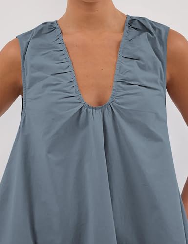 Image of OLAPTA Women Summer Sleeveless Babydoll Mini Tank Dresses Loose Fit Scoop Neck Ruched Short Dress with Pockets Party Clubwear