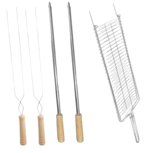 Kit Churrasco Completo 1 Grelha 2 Espetos Duplo/ 2 Simples Para Churrasqueira Aço Cabo De Madeira