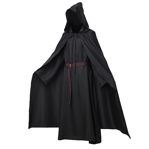 Mavikim Pagan Tunic Cloak Friar Medieval Cosplay Hood Capes Costumes Knight Costume (Large Black)