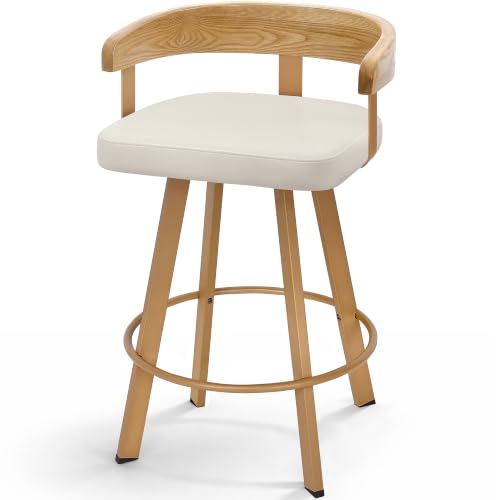 Image of FORSPARK 26 inch Swivel Counter Height Bar Stools, 350 lbs Capacity Barstool | 360 Rotation, Easy to Assemble, Wide Foam Seat, Solid Wood Backrest, Heavy Weight for Kitchen Dining Cafe, Beige & Natural