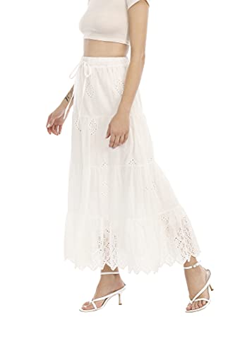 Love Welove Fashion Women's Solid Cotton Embroidered Tiered Flare A-Line Ankle Length With Lining Maxi Skirt (Xl, White) #TOP1