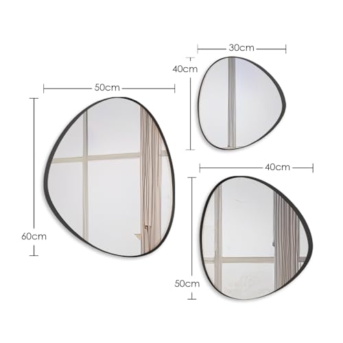 Trio Espelho Decorativo Vidro Organico com Moldura de Couro Suspenso PRETO
