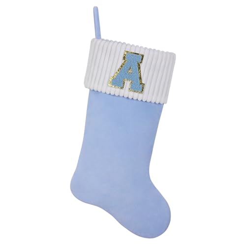 Shgngle 20 Inches Letter Embroidered Christmas Stocking,Personalized Light Blue Velvet Christmas Stocking,Family Holiday Decorations and Xmas Gift(A)