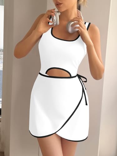 Fisoew Womens Workout Tennis Dress with Built in Shorts and Bra Sleeveless Cutout Wrap Tie Waist Golf Athletic Romper4
