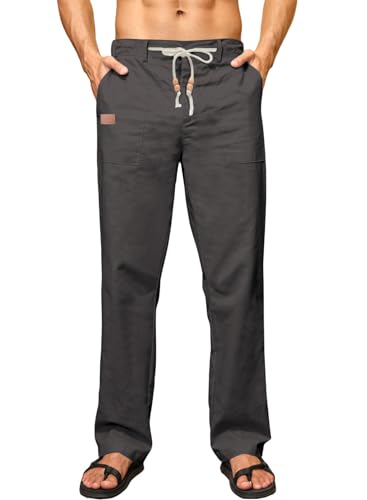 Elegancity Leinenhose Herren Sommerhose Yogahose Leichte Baggy Jogginghose Lang Stoffhose Herrenhosen Urlaub Freizeithose mit Kordelzug und Taschen Grau XL