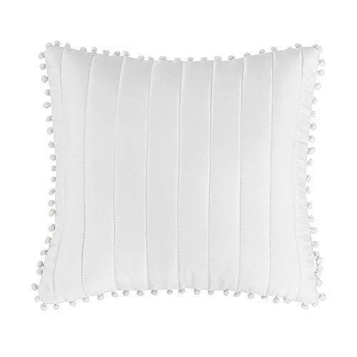 THL Quilted Pair Cushion Covers Cushion Pad Cover Sofa Cushion Cover Pom Pom Bordered (White, 2 x Cushion Cover 43 x 43 cm)