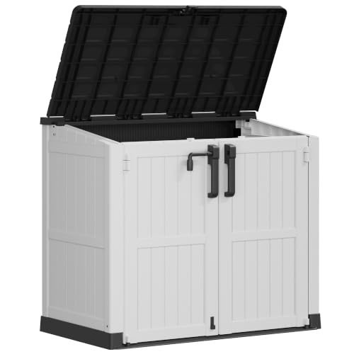 Image of LHBcraft 36 Cu Ft Outdoor Storage Cabinet, Horizontal Resin Storage Shed Box for Backyards, Patios, Portable Waterproof Outdoor Storage Box with Lockable Doors, Ashen