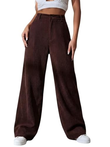 SMOWKLY Women's Corduroy Mid Rise Wide Leg Bottomwear with Pocket...