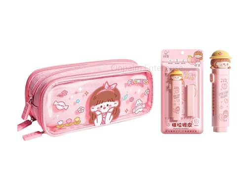Image of Kawaii Cute Pink Pencil Pouch with Push-Pull Cartoon Eraser Set | Girls Flower Design Stationery Combo | School Pencil Case & Eraser Kit for Kids, Students & Gifts