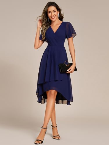 Ever-Pretty Women's Classic V Neck Pleated Short Sleeves Chiffon Hi-Lo Midi Wedding Guest Dress 030843