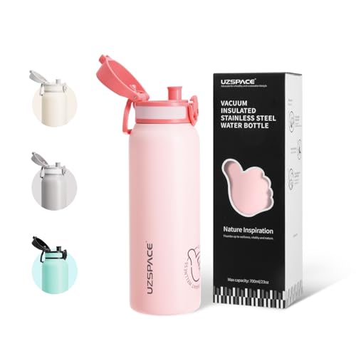 UZSPACE Stainless Steel Water Bottle Kids 700ml with Handle - Double-Walled Insulated Water Bottles That Keep Drinks Cold & Hot - Leakproof Metal Bottle for School or Works & Sports Quartz Pink