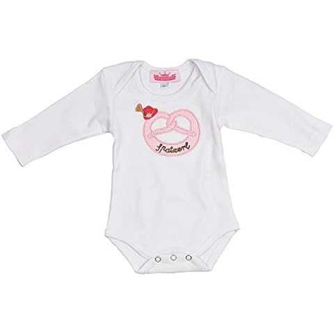 Eisenherz Long-Sleeved Baby Romper in Bavarian Traditional Costume Look Motive Pretzel with Embroidery Tyrolean Hat and Sparrow, 100% Cotton in Size 62 Pink Cover