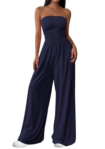 PRETTYGARDEN Womens Trendy Strapless Rompers 2026 Ruched Tube Top Wide Leg One Piece Jumpsuits Beach Vacation Summer Outfits (Navy Blue Medium)