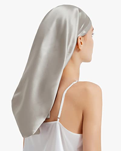 LilySilk Mulberry Silk Sleep Cap 100% 19 Momme Long Silk Bonnet for Curly Hair, Night Cap for Sleeping, Silk Hair Wrap for Women Silvergray