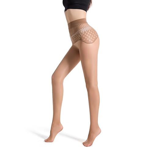 Image of Frola Oil Shiny Stockings Pantyhose 360Seamless Crotch High Waist Smooth Tights for Women (Large, Brown-Hollow)