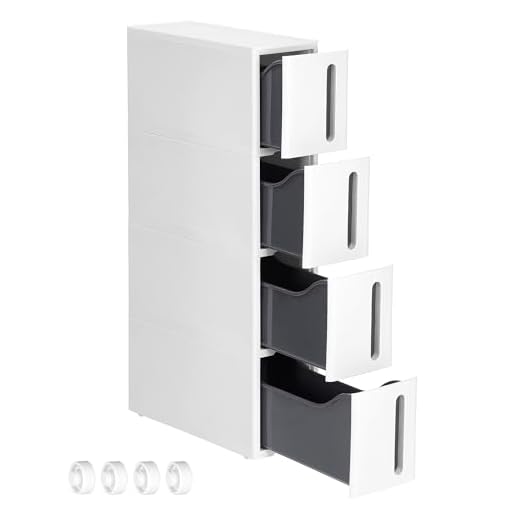 SONGMICS Nischenregal mit Rollen, Rollwagen mit 4 Schubladen, 17,3 cm breit, Badregal schmal, Rollregal, Küchenregal, PP-Kunststoff, platzsparend, 45,2 x 17,3 x 84 cm, weiß-grau KFR008G01