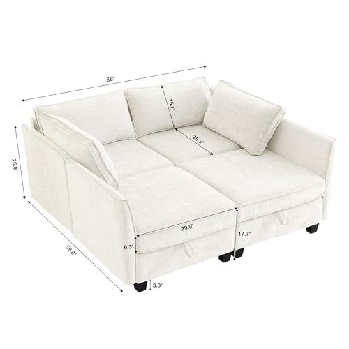 Image of ORRD Sleeper Modular Sectional Sofa Set, Convertible Couch Bed with Storage, 4 Seater and 4 Armrestes Sofa Modular for Living Room, Office (Beige)
