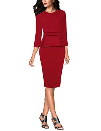 Image of VFSHOW Womens Pleated Crew Neck Peplum Slim Work Business Dress Elegant 3 /4 Sleeves Office Church Bodycon Pencil Sheath Dress