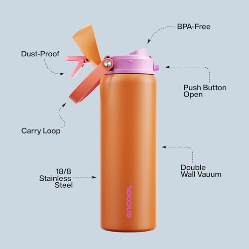 Image of Insulated Water Bottle with Straw - Encool Stainless Steel Water Bottle with Push Button Lid, Leak-Proof & BPA-Free, Keeps Cold for 24 Hours for Sports, Travel, Gym (32 oz, Tiger Eye)