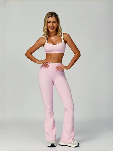 ABOCIW Workout Sets for Women 2 Piece Color Block Strappy Sports Bra High Waist Flare Leggings Gym Yoga Pilates Outfits2